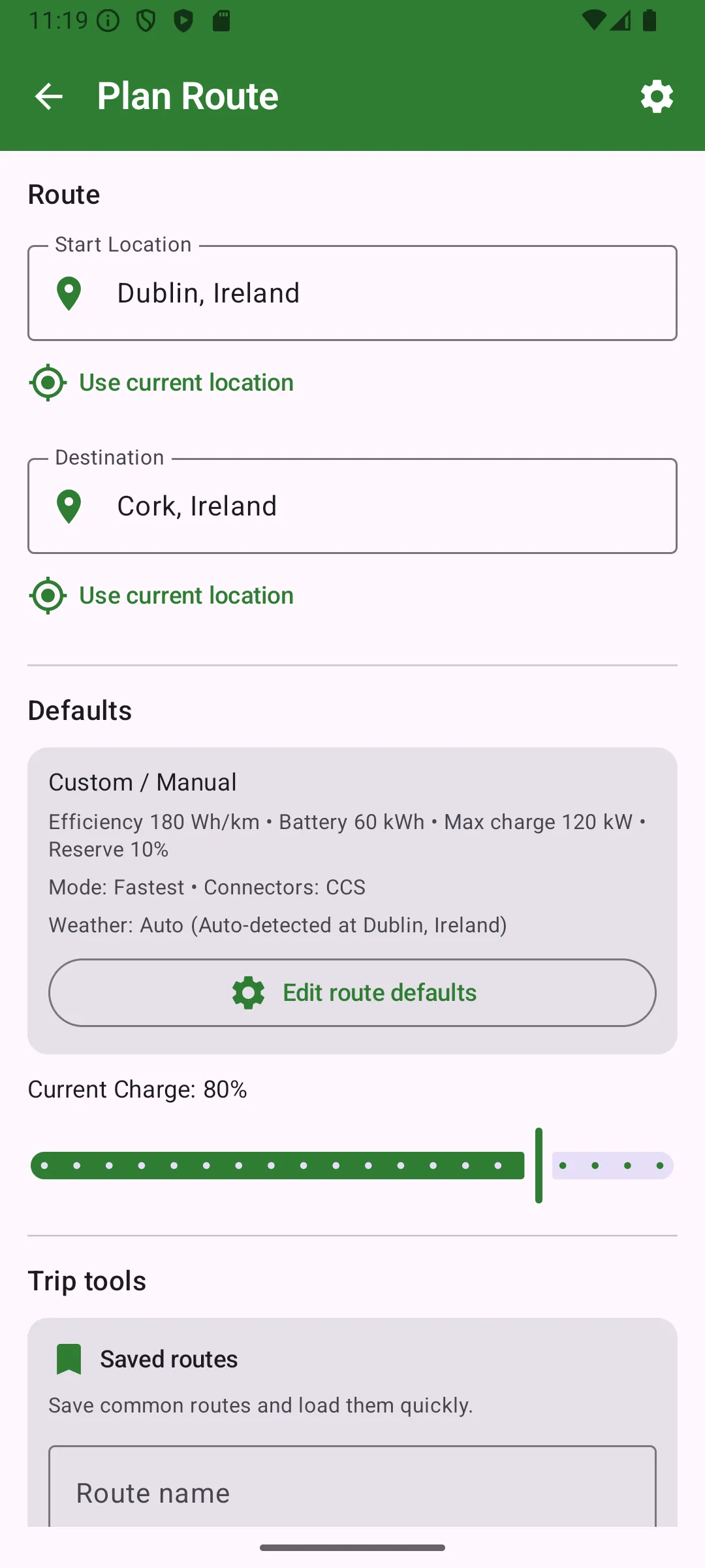 Plan Route — origin, destination, battery parameters and connector type